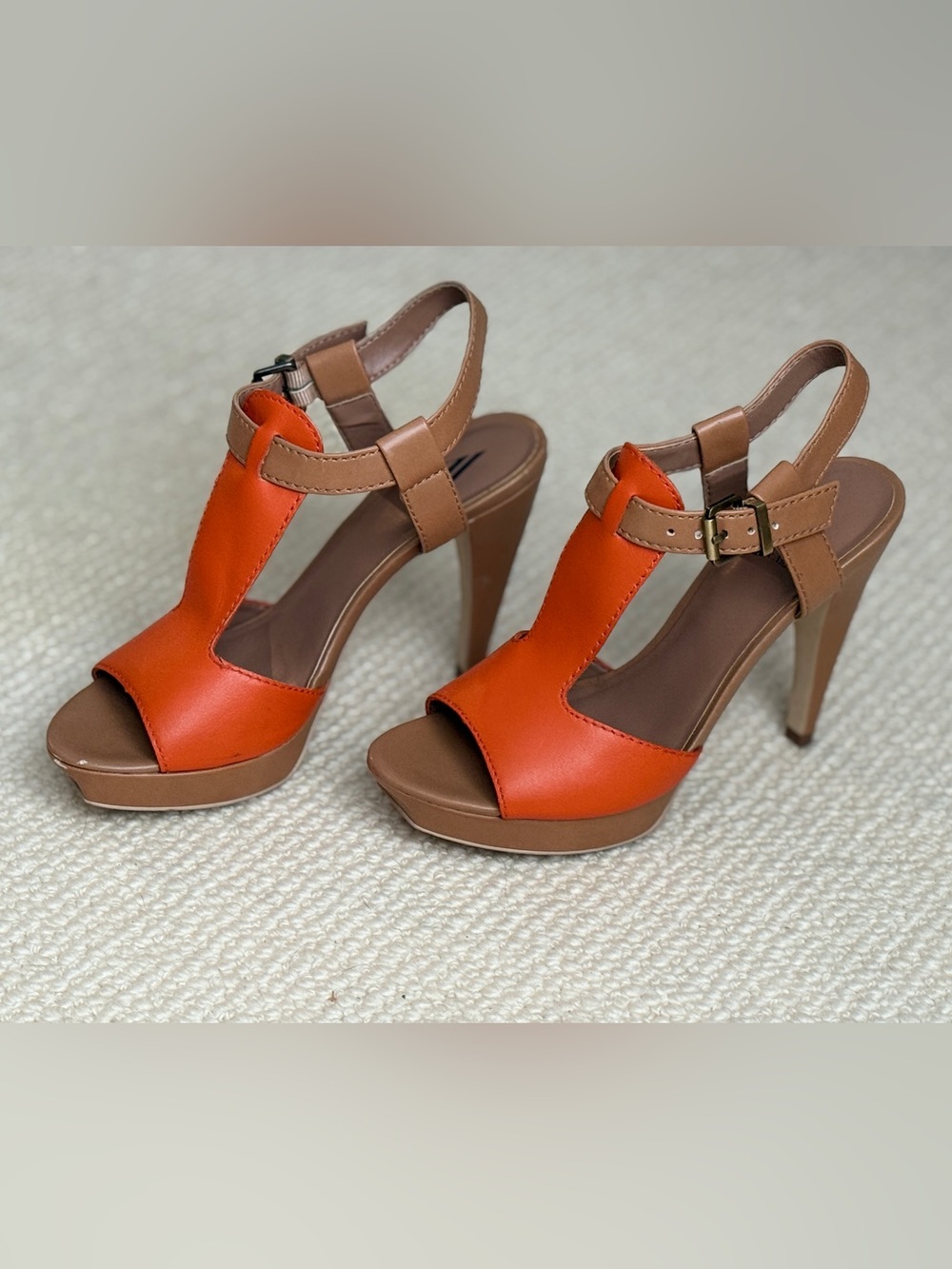 Ava & Aiden Orange and Tan T-Strap Platform Heels